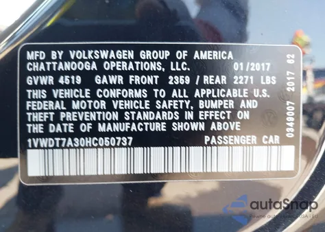 2017 Volkswagen Passat 1.8T R-Line from USA, damaged, VIN 1VWDT7A30HC050737